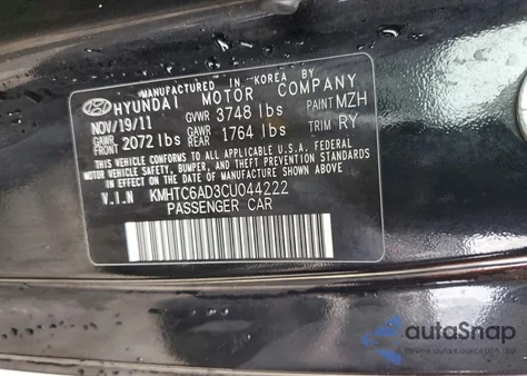 2012 Hyundai Veloster z USA, uszkodzony, nr VIN KMHTC6AD3CU044222